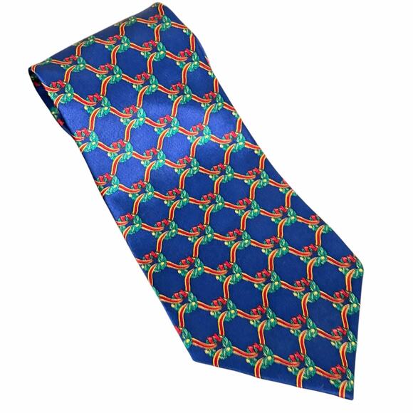 Noel Christmas Tie 100% Silk Blue Wreaths Holiday Festive Wrokwear Office Fun - Picture 2 of 6